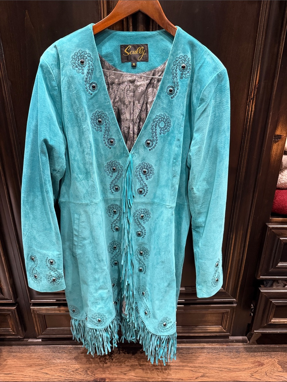 Scully Turquoise Suede Fringe Embellished Jacket